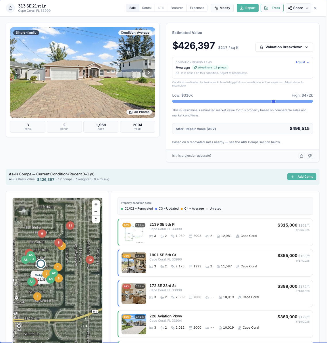 Resideline CMA report showing a property photo, estimated value, after repair value, map and comparable sales
