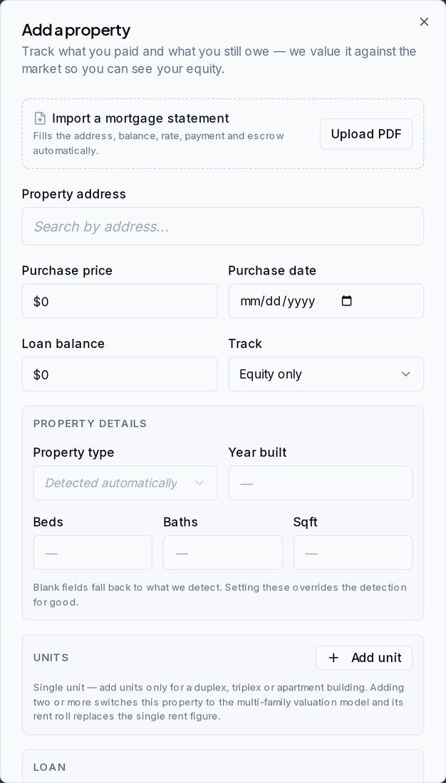 The add property dialog, with the option to import a mortgage statement that fills the address, balance, rate, payment and escrow