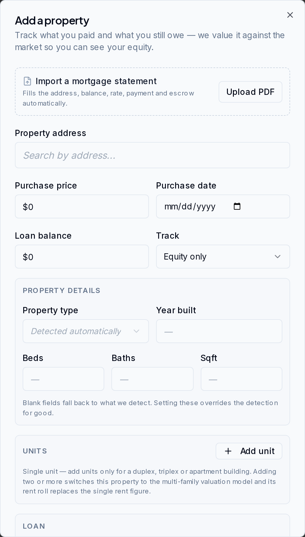 Resideline add property form with ownership, rental and financing fields