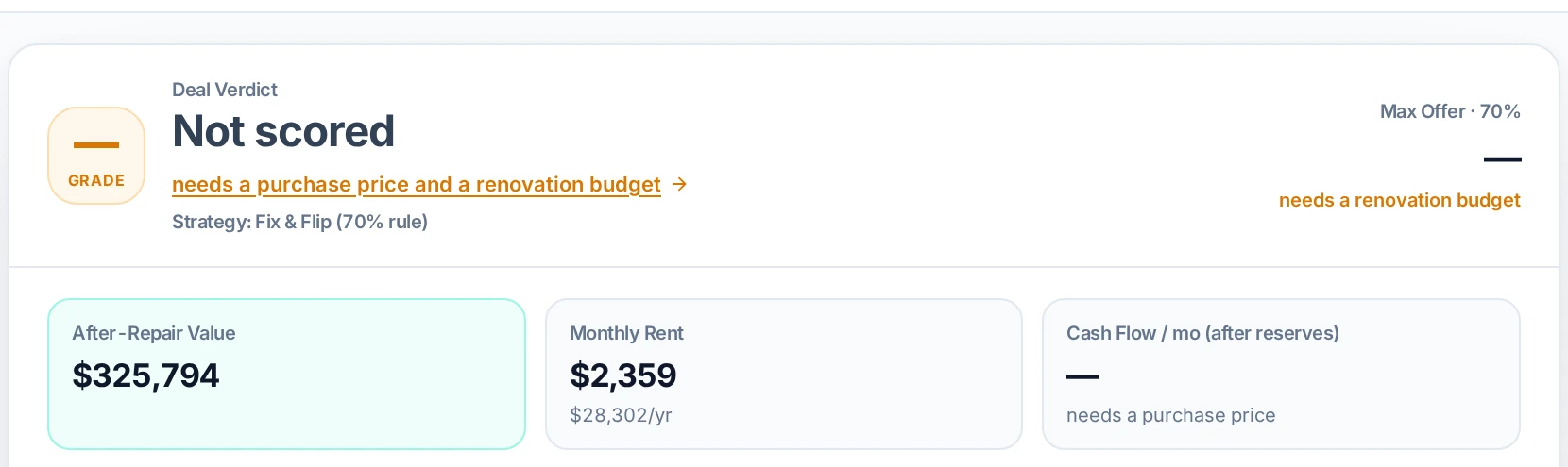 Deal Analyzer report reading Not scored, enter a purchase price, with the purchase price field highlighted