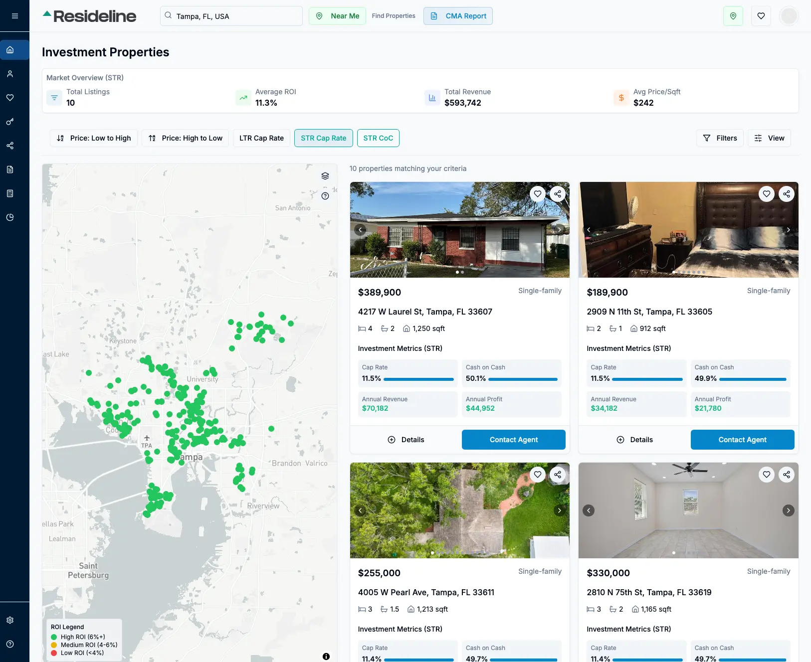 Property Discovery Dashboard interface showing Browse profitable properties already on the market with our investment metrics pre-calculated