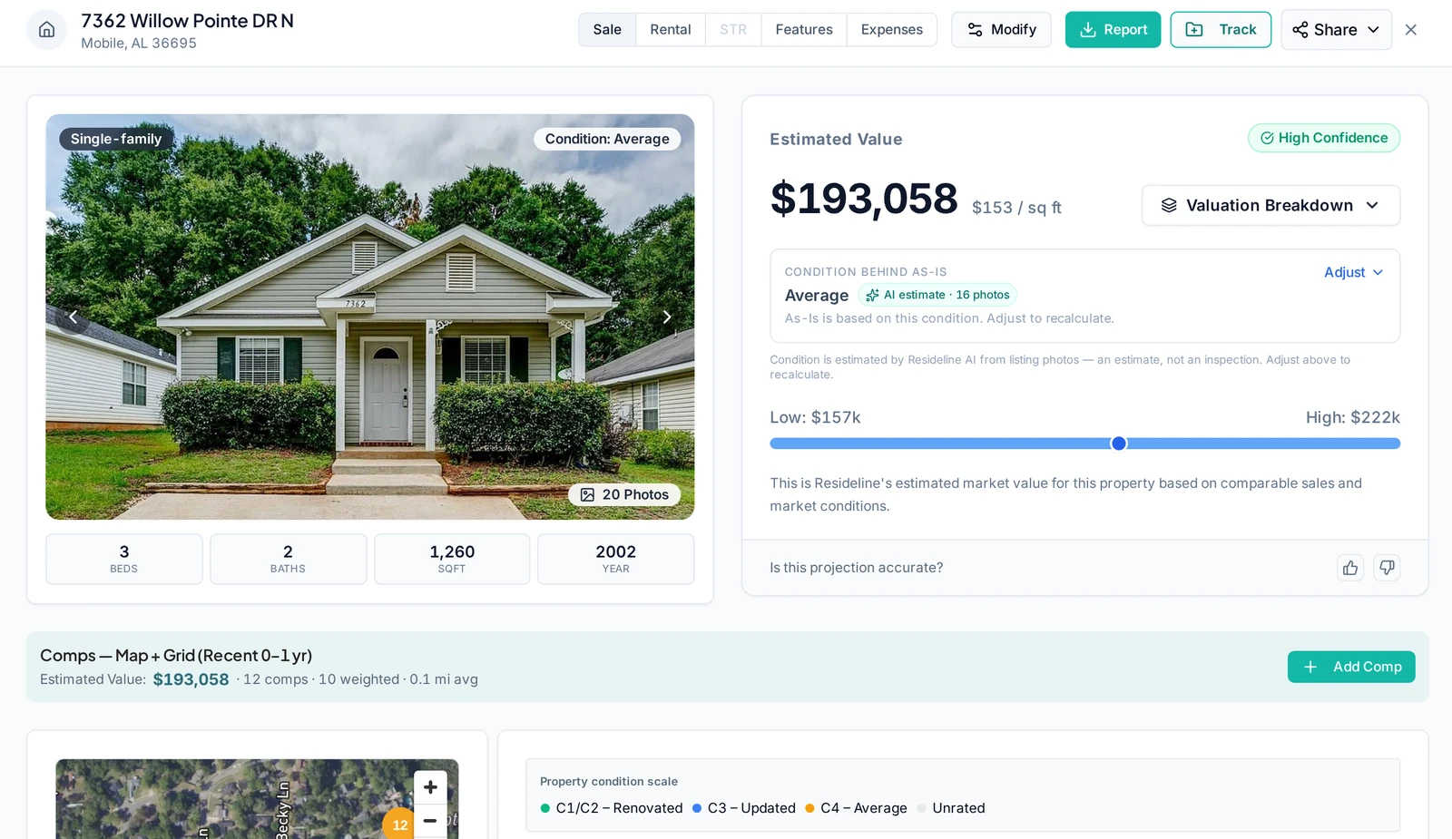 Resideline CMA report showing a property photo, estimated value, comparable sales map and comps grid