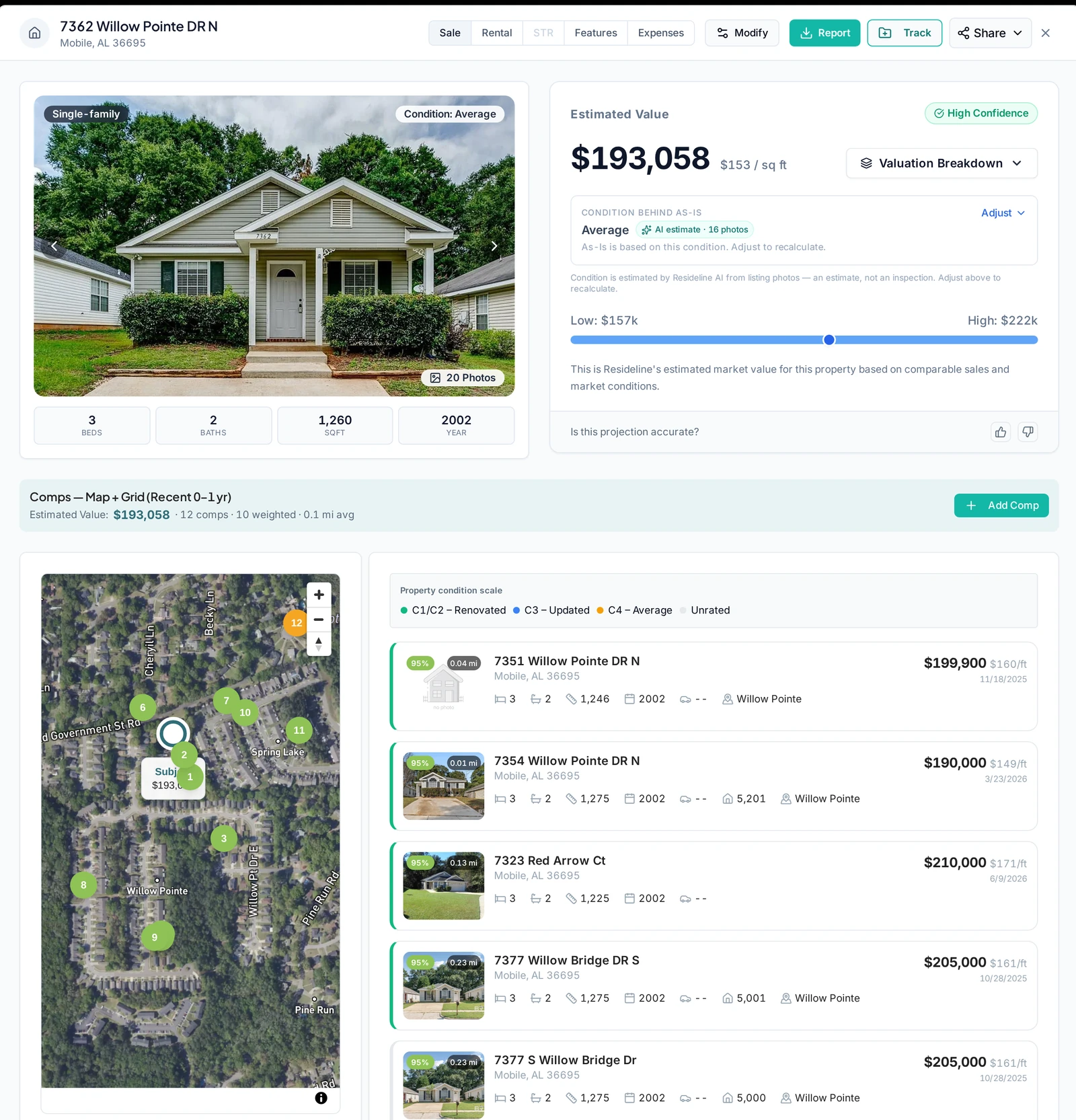 Resideline CMA report showing a property photo, estimated value, comparable sales map and comps grid