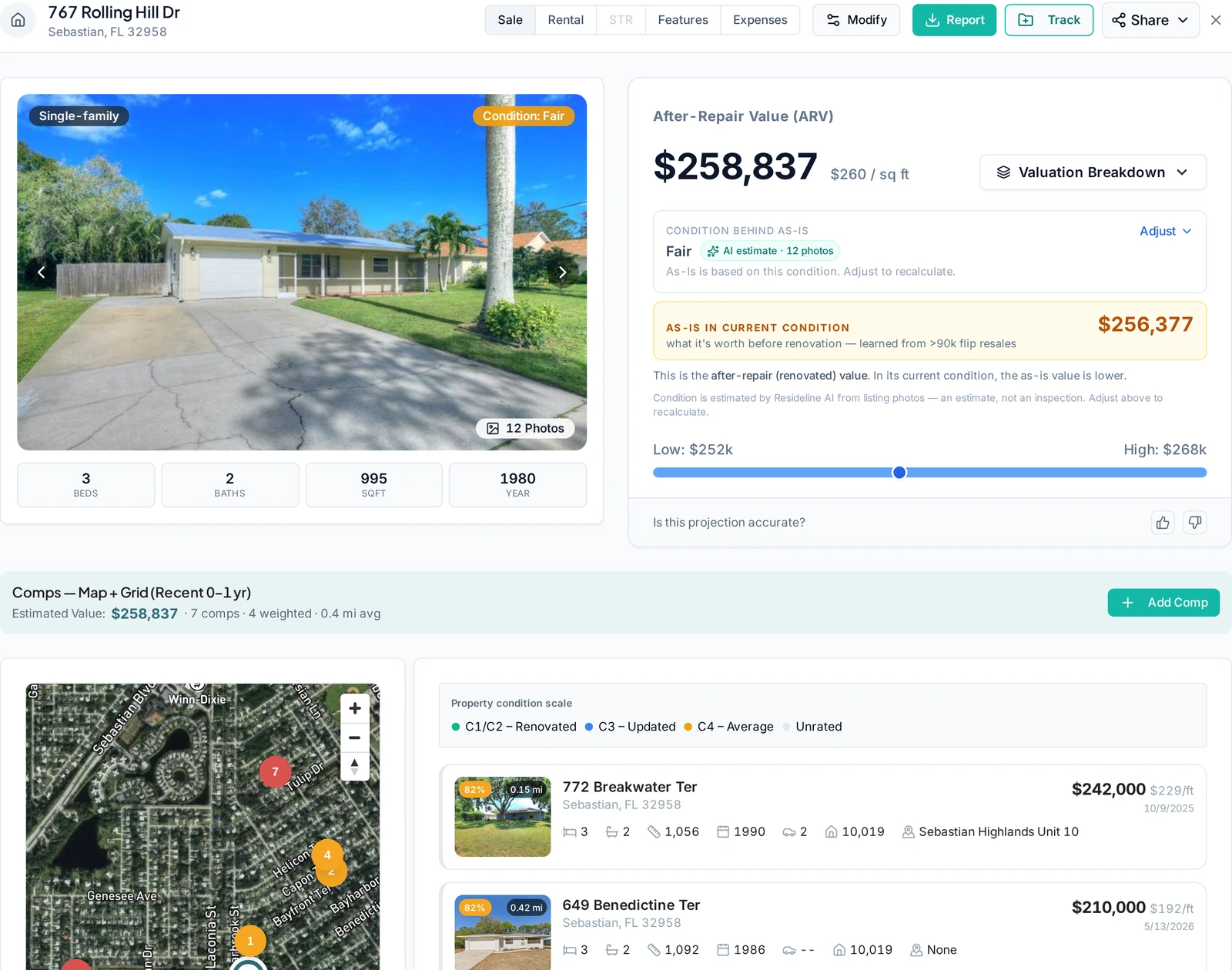 Current Resideline CMA report for 767 Rolling Hill Dr showing property facts, after repair value, as-is value, map and comparable sales