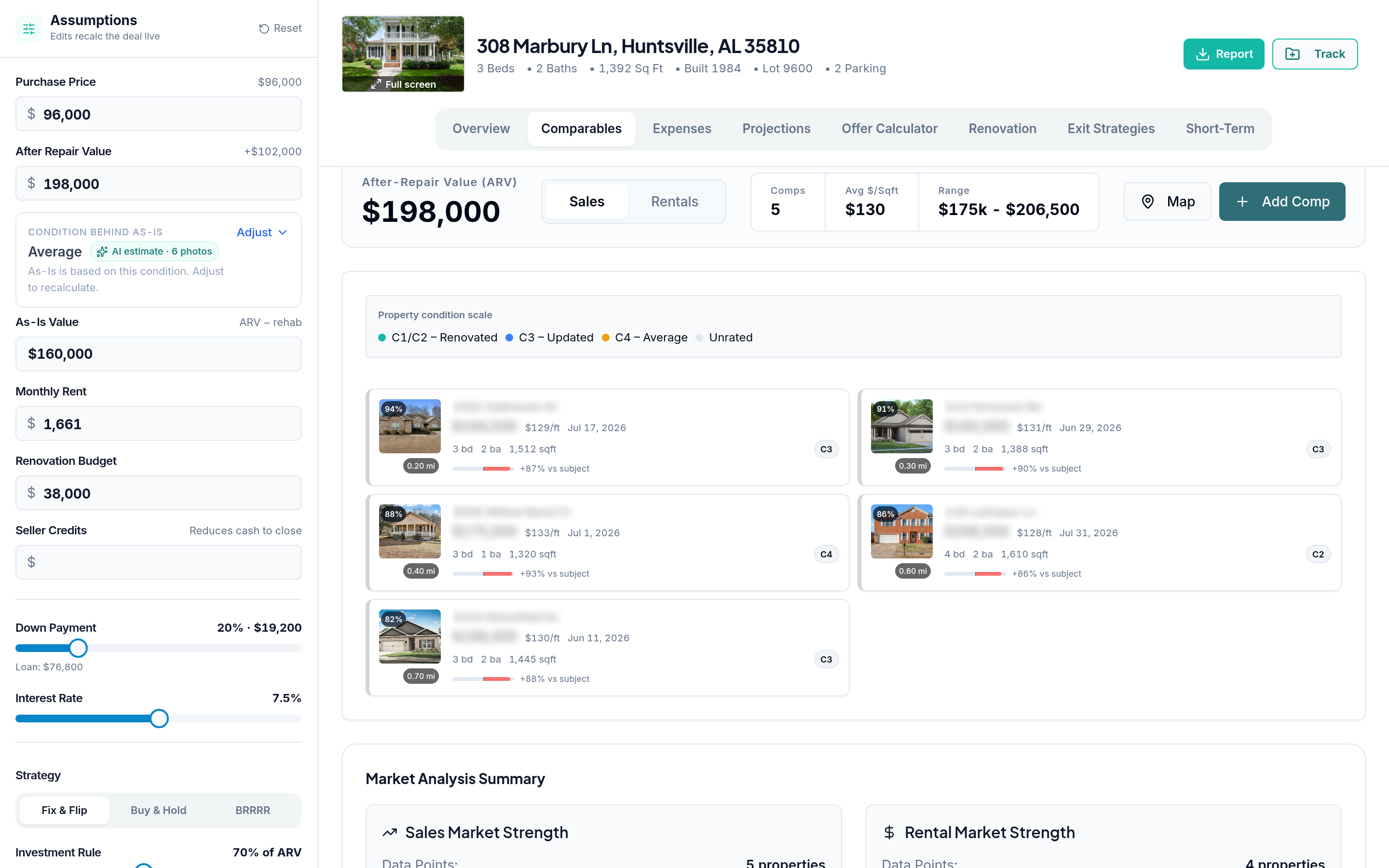 Current Resideline comparable sales view showing after repair value evidence for 308 Marbury Lane