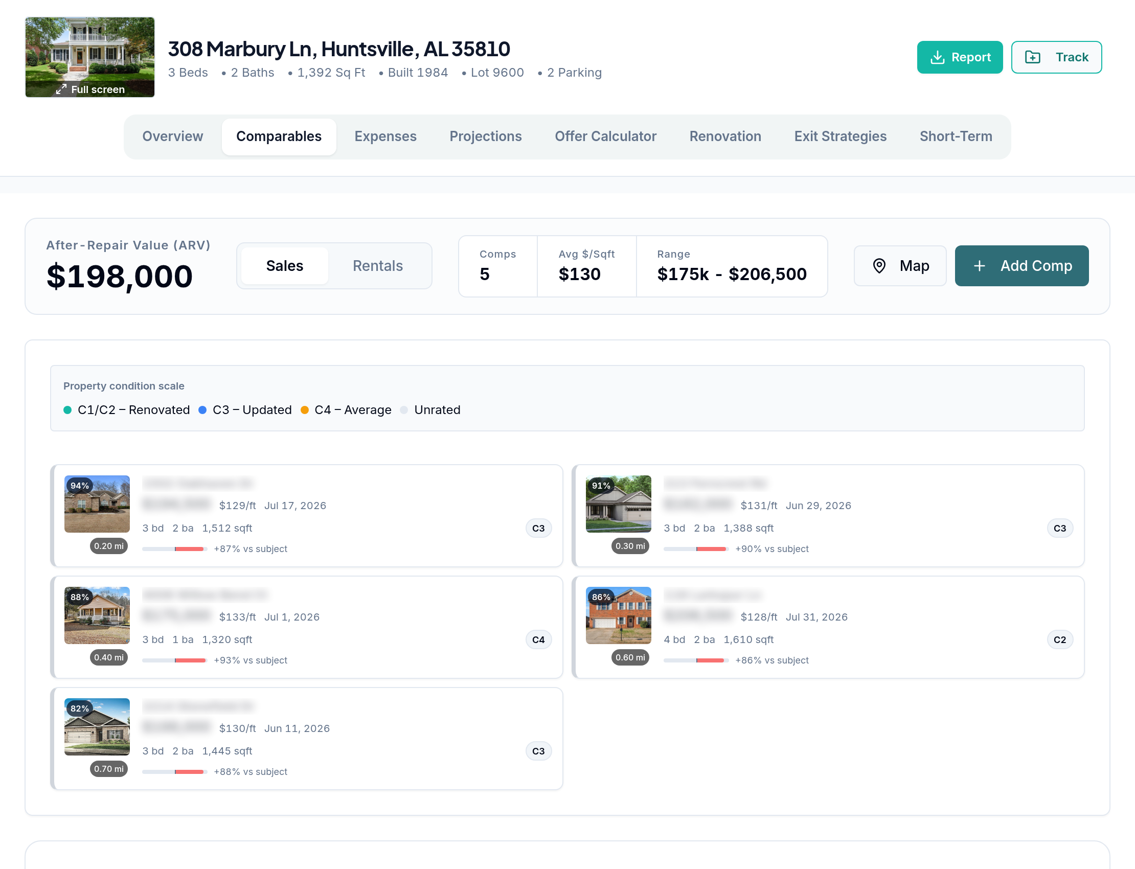 Existing Deal Analyzer comparable sales for the sample property