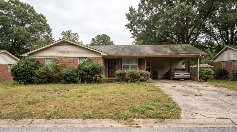 Tossed comparable: a dated brick ranch with a mossy roof and overgrown yard