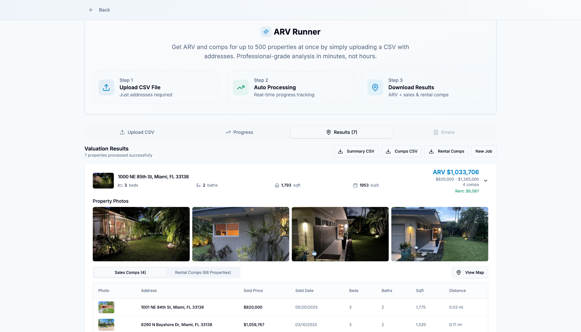 ARV Runner interface showing Bulk ARV + Comps in Minutes, Not Hours. Turn big lead lists into clear, decision-ready numbers with instant ARV, comps, and market rent estimates.